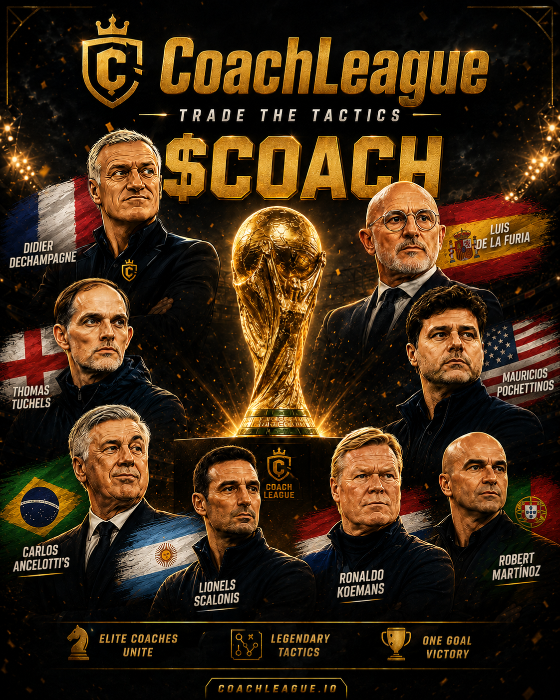 CoachLeague main coin poster with the main coaches around the World Cup trophy